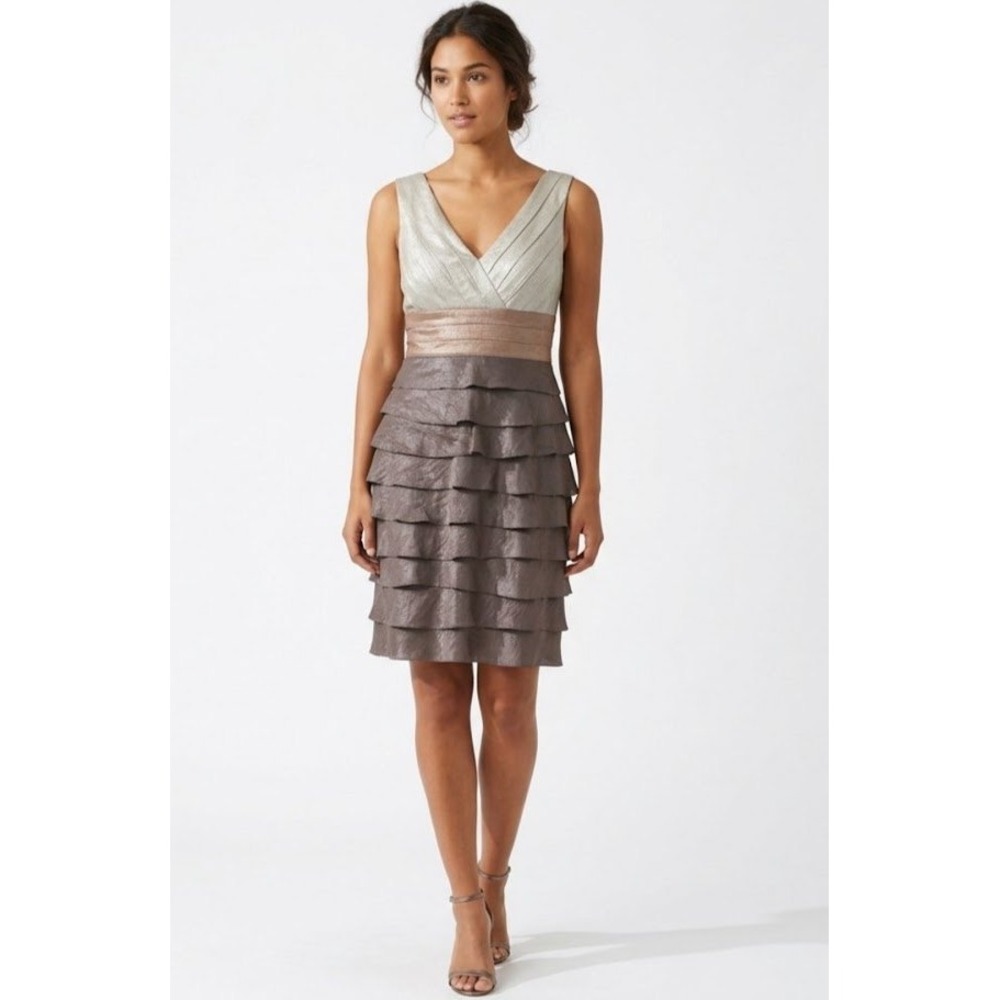 Adrianna Papell Cocktail Dress Womens 12 Brown Gold Tiered Ruffle Metallic Event